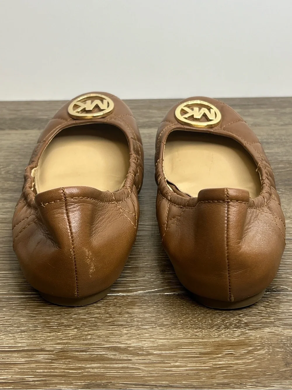 Michael Kors Quilted Leather Ballet Flats Brown Gold Logo | Women’s 8.5